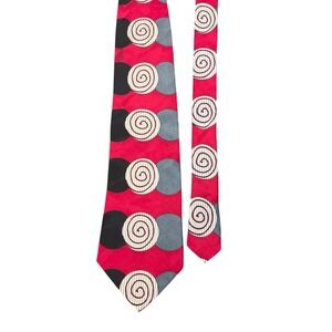 Vintage Screenplay Martin Wong Tie Red Geometric Spiral Silk Art Deco Modern